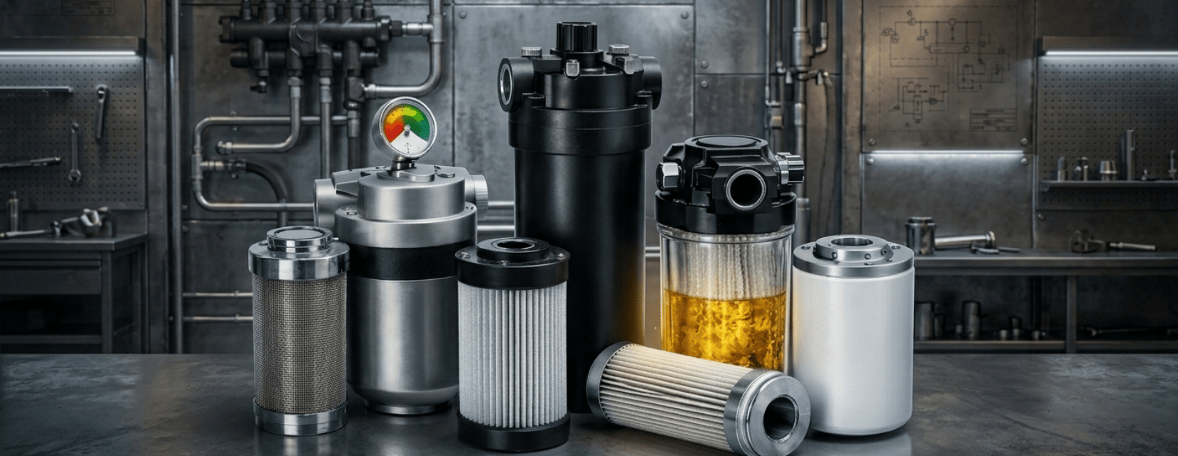 İş makinesi hidrolik sistem filtreleri ve yedek parçaları.